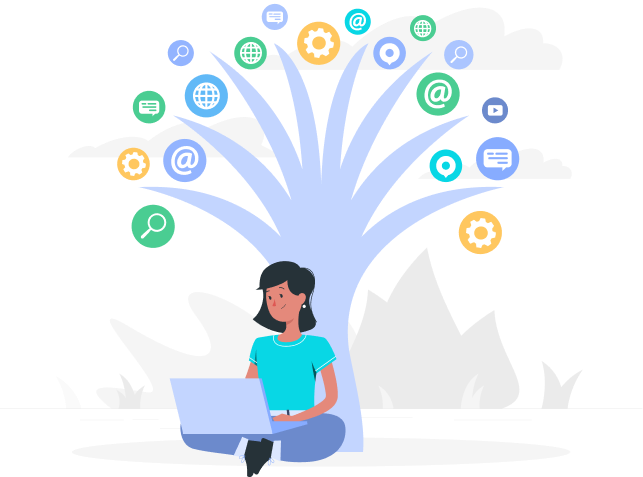 illustration of a woman on a laptop, sitting next to a tree that is full of computer related icons