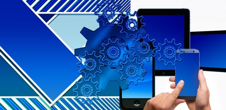 gears and abstract shapes with a mobile phone