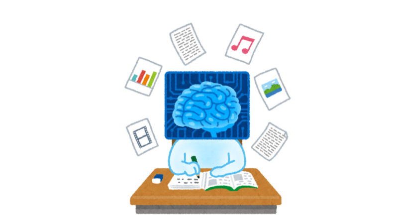 Person sitting at desk but head is replaced by a large brain surrounded by technology related images