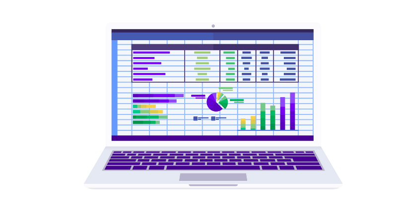 Laptop computer with spreadsheet app on screen