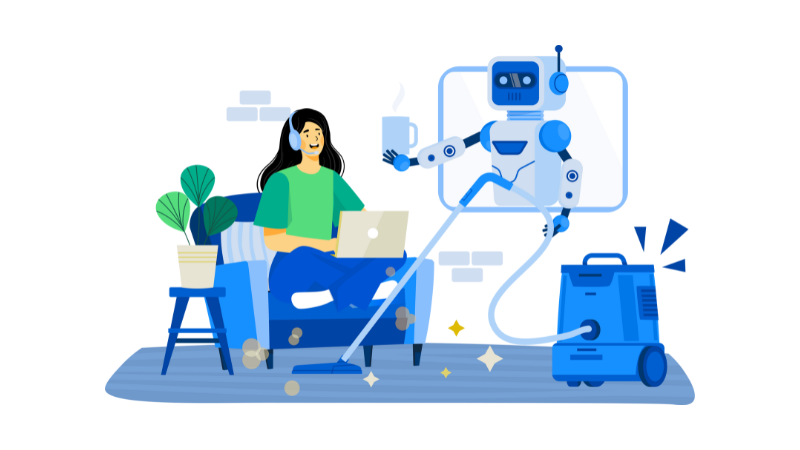 Woman sits in chair using laptop computer while robot vacuums and brings coffee