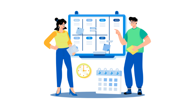 Two people stand near project board with papers and calendars displayed