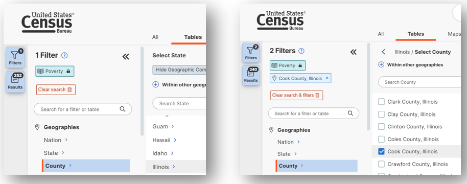 Selecting State and County geography Census data filters