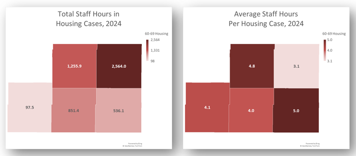 Geographic Distribution Map examples showing total staff hours and average staff hours by county