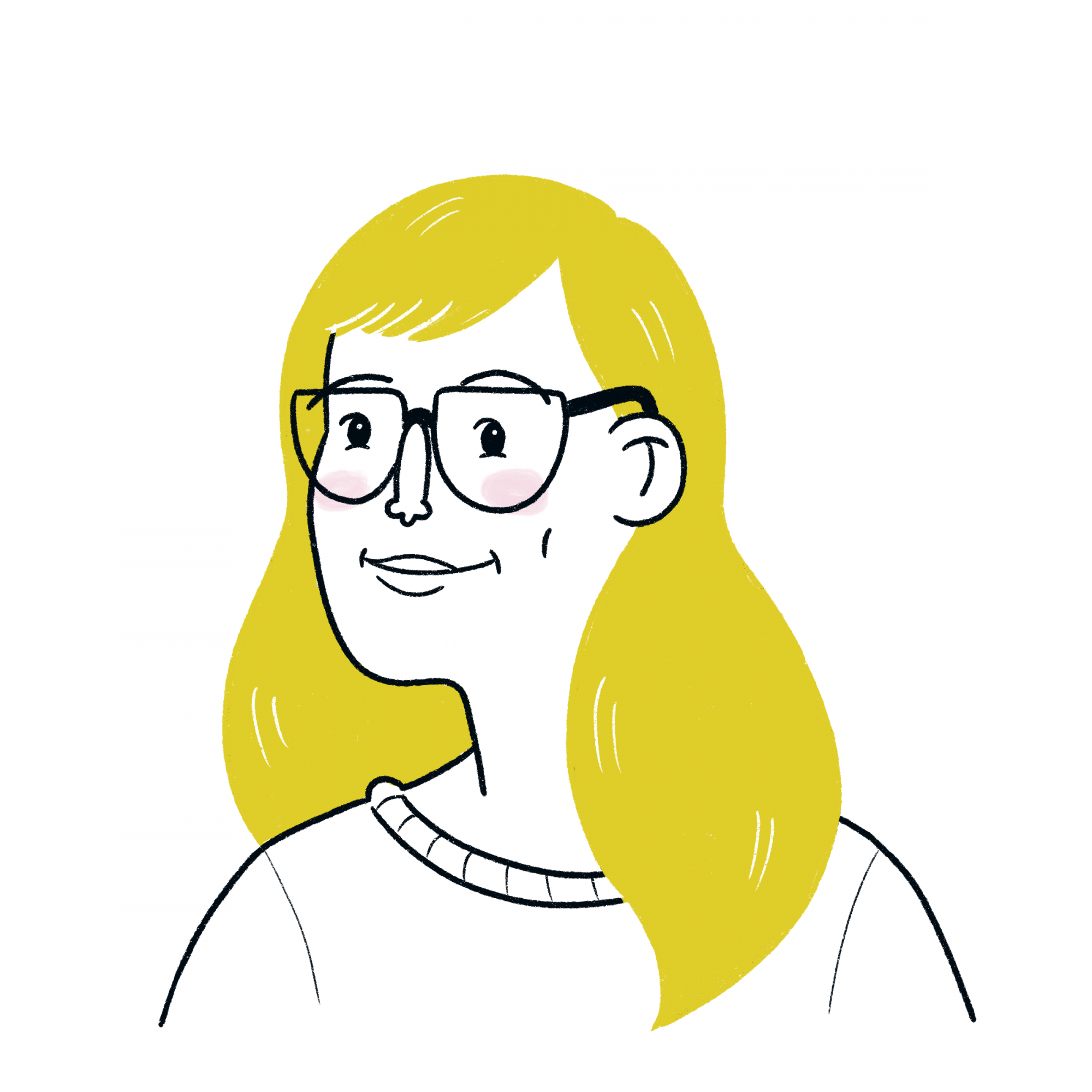 Cartoon of Ashley is shown with long blonde hair and glasses
