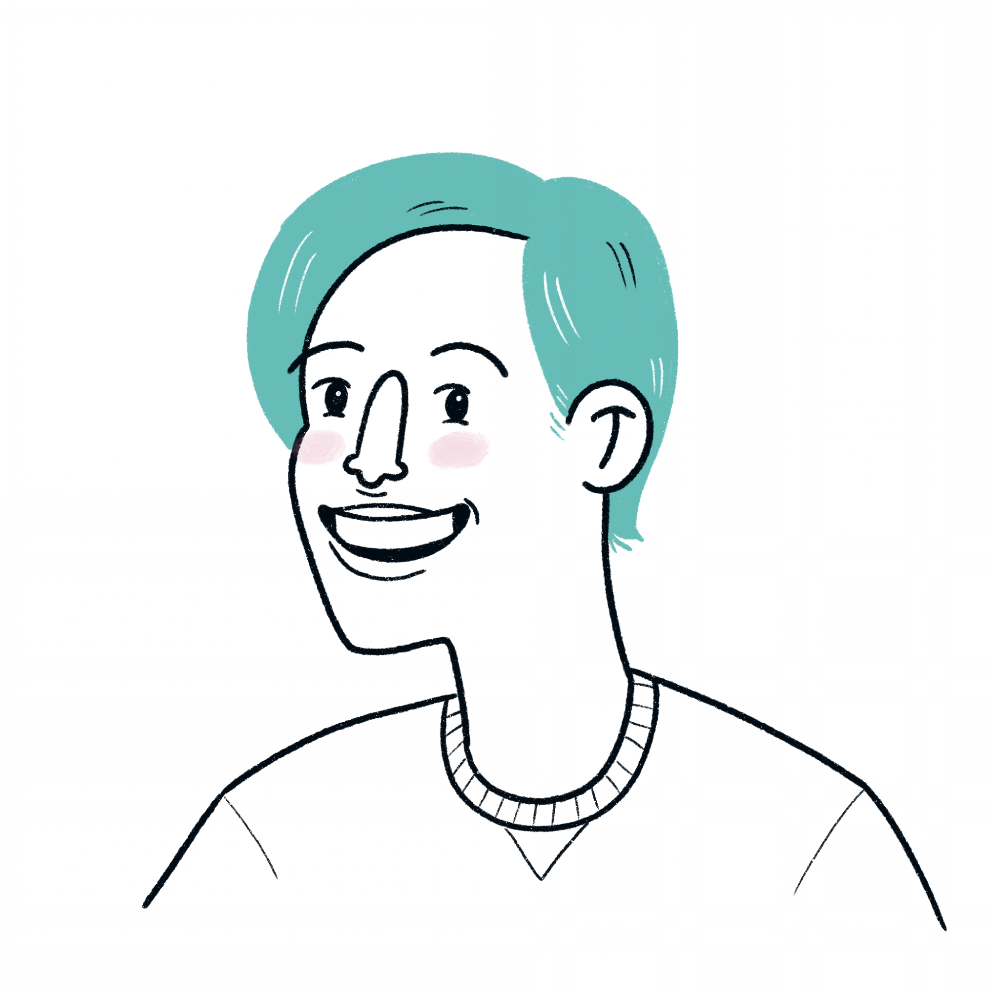 Cartoon of Hallie is shown with short teal hair