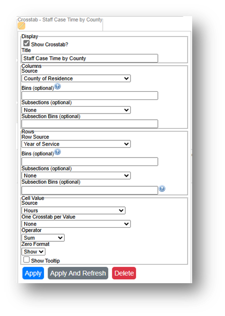 Crosstab selection pane with options 