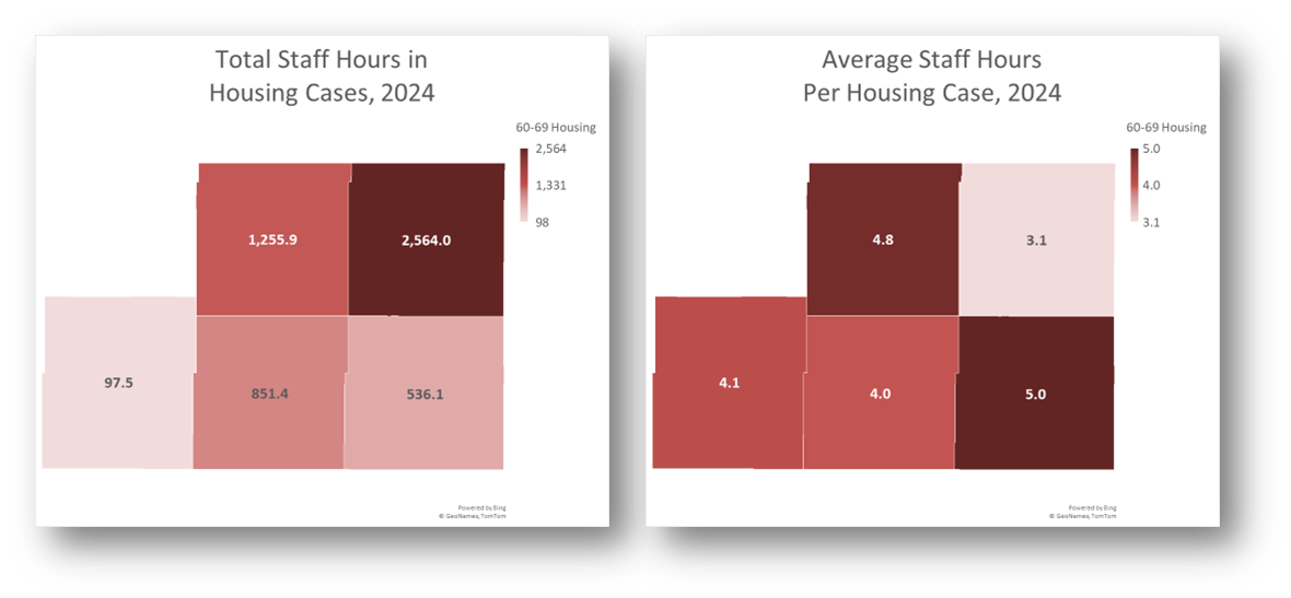 Geographic Distribution Map examples showing total staff hours and average staff hours by county