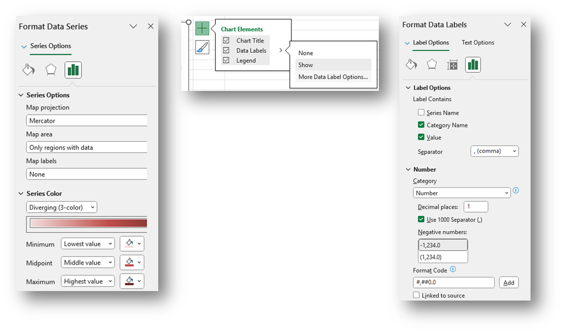 Format data series, chart elements, and format data labels selection panes
