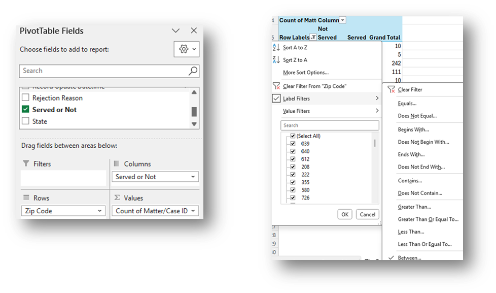 PivotTable Field pane with served or not selected; related table