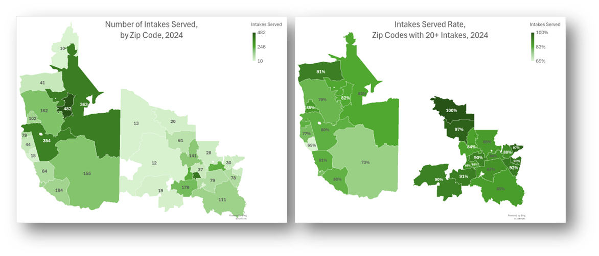 Geographic distribution maps showing number of intakes served by zip code and intake served rate 
