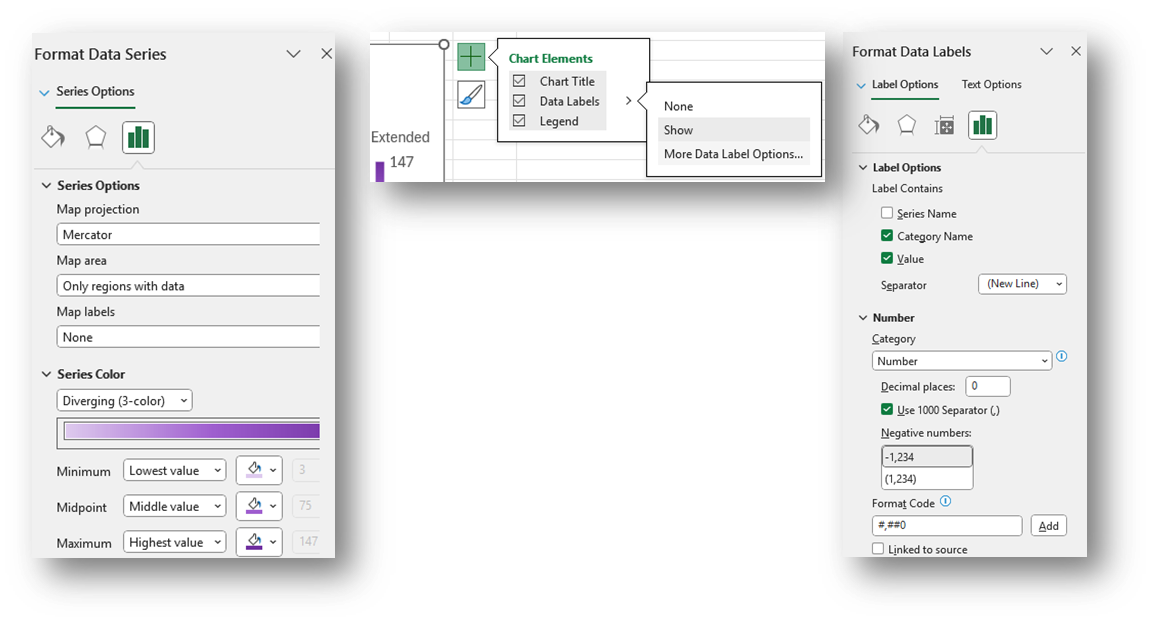 Format Data Series, chart elements, and  Format Data Labels selection window examples