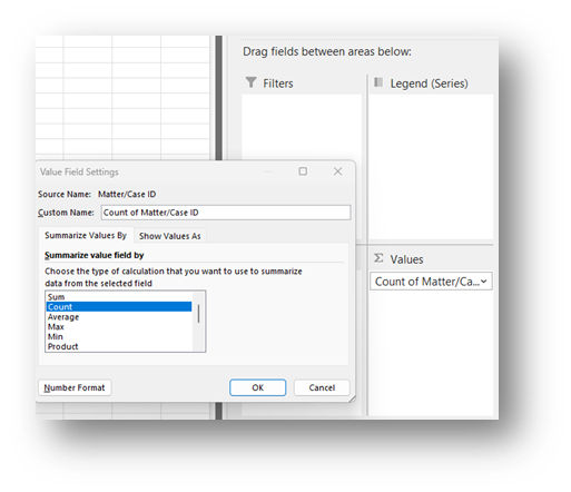Value Field Settings window with Count selected