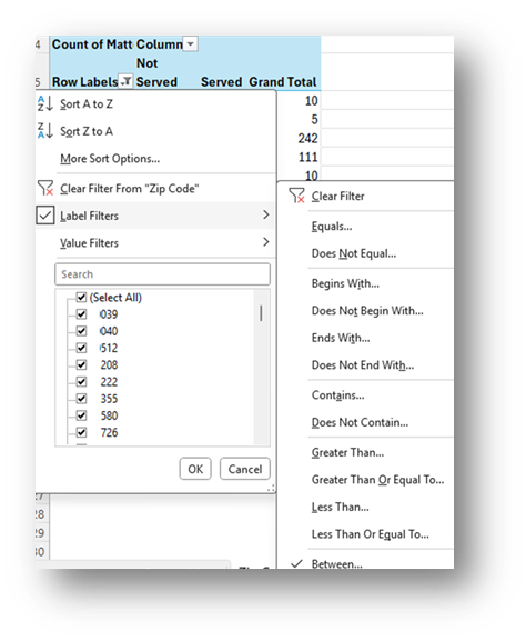 Row Labels cell showing label filters 