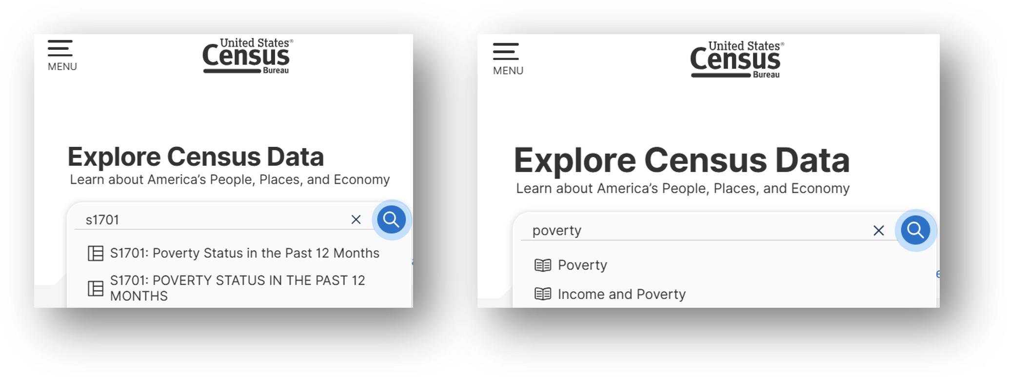 Entering S1701 or words like poverty in the Explore Census Data search bar