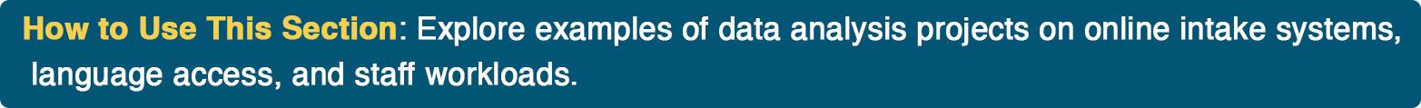 How to Use This Section: Explore examples of data analysis projects on online intake systems, language access, and staff workloads.  