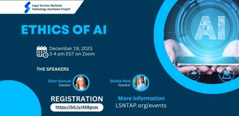 two hands holding a tablet with a hologram of the letters A and I, date and time info of the webinar and speaker info